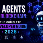 AI Agents on Blockchain: The Complete Developer Guide 2026 featuring a futuristic AI robot, blockchain network graphics, and developer-focused Web3 visuals.