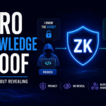 Futuristic Zero Knowledge Proof infographic showing a prover and verifier connected through a glowing ZK shield, illustrating privacy-preserving blockchain verification